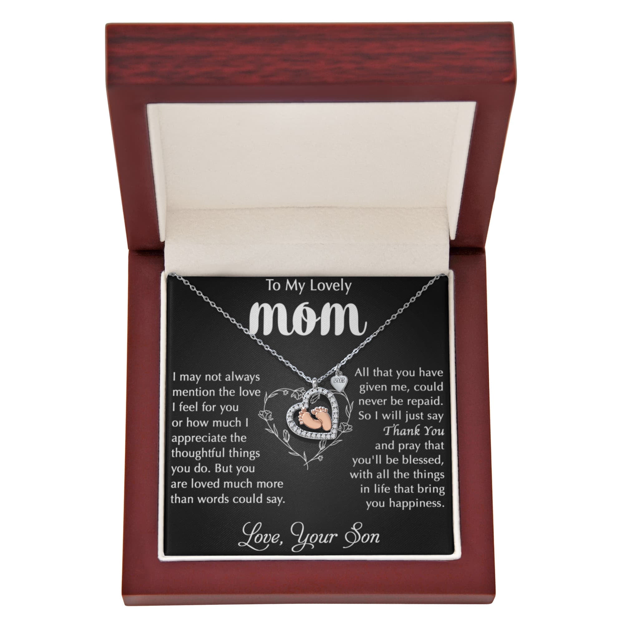 To My Mom - From Your Son - Baby Feet Heart Necklace
